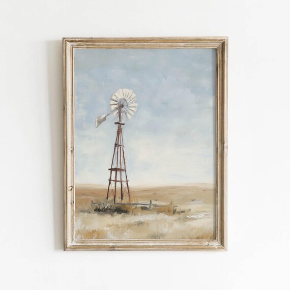 Rustic Windmill On Golden Prairie Muted Vintage Landscape Poster