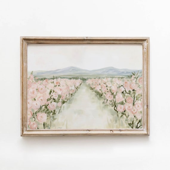 Printable Rose Garden Landscape Painting Blush Pink Flowers Soft Vintage Watercolor Art Cottagecore Wall Decor Digital Download 757