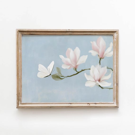 Magnolia Blossom Branch White Butterfly Soft Blue Vintage Floral Wall Art
