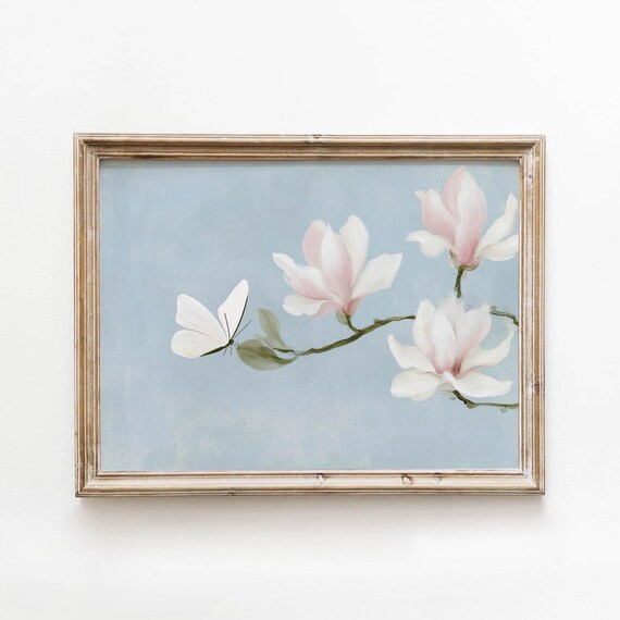 Magnolia Blossoms Branch Butterfly Printable Soft Pink Floral Wall Art Vintage Romantic Decor Neutral Bedroom Pastel Botanical 699