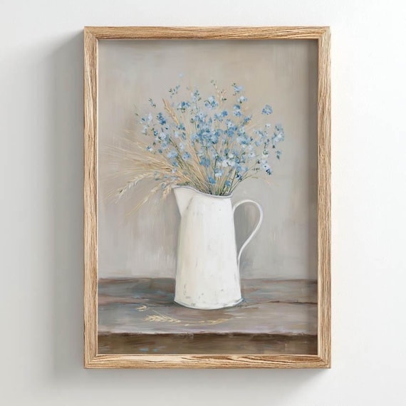 Printed White Pitcher Still Life Poster, Rustic Decor