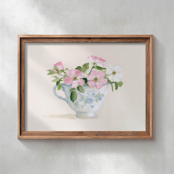 Printed Vintage Teacup Floral Wall Art Blue White China Cup Pink Blooms Cottagecore Shabby Chic Decor Botanical Poster Print 0698