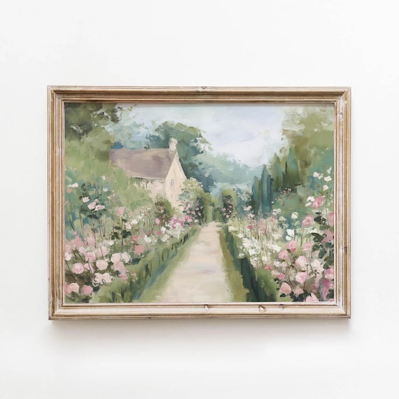 Sunlit Country Cottage Printable Muted Pastel Wall Art Romantic Cottagecore Decor Vintage Garden Path Soft Cloud Download 0342