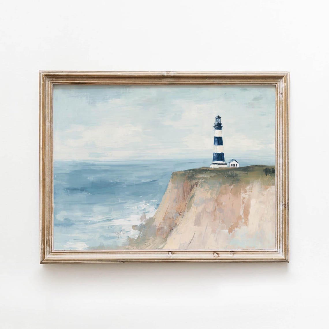 Striped Lighthouse Cliff Poster Navy White Coastal Ocean Watercolor