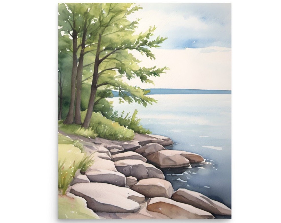 Lake Ontario Painting Canadian Forest Lake Watercolor Art Print Great Lakes Wall Art Mountain Lake Landscape Artwork Ontario Travel Poster
