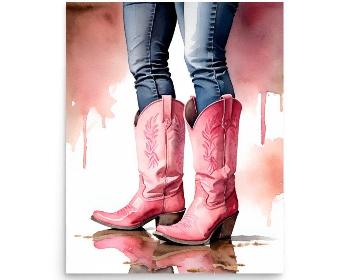Pink Cowboy Boots Western Watercolor Pink Splash Decor Poster