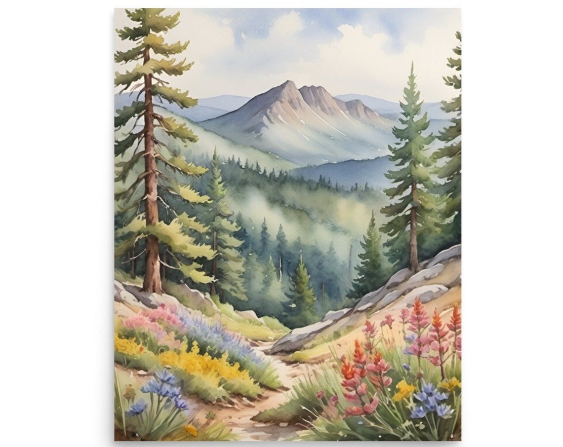 Spring Flowers Painting Rocky Mountains Watercolor Art Print Hiking Trail Art Colorado Landscape Wall Art Wildflowers Meadow Art Pine Print