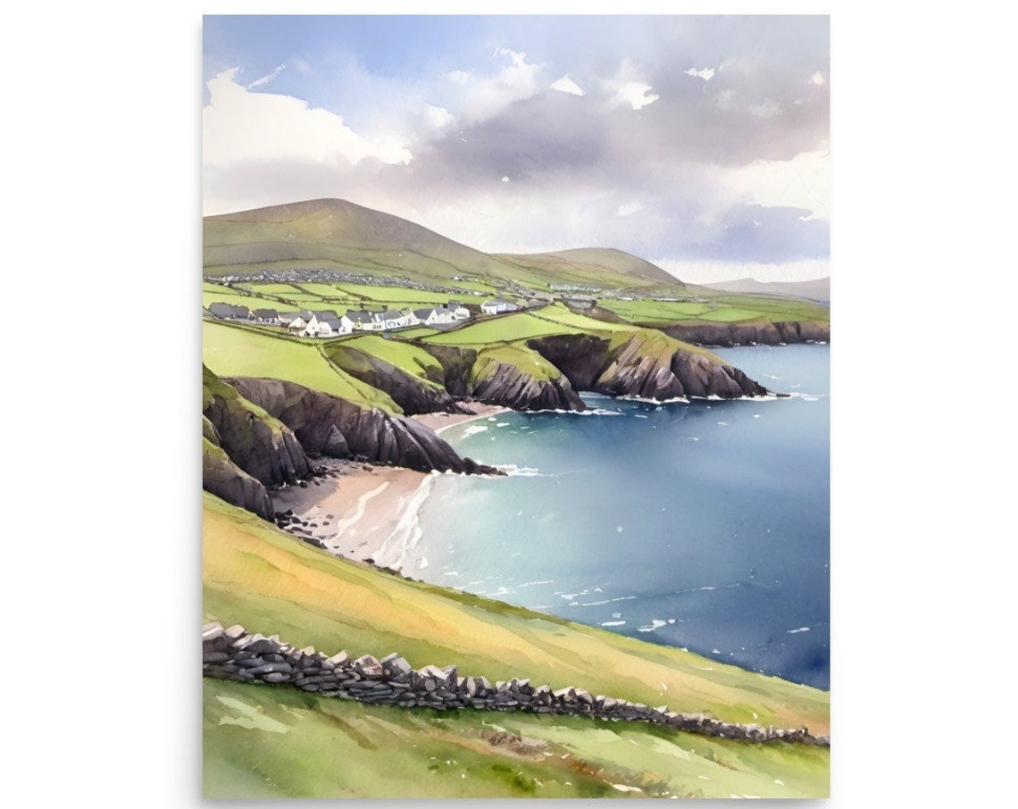 Dingle Peninsula Ireland Green Cliffs Village Watercolor Poster