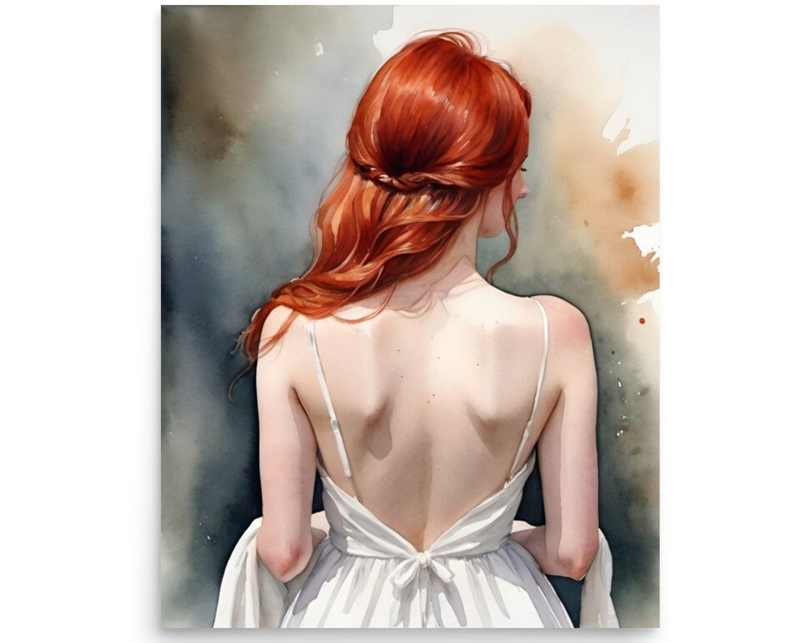 Woman In Behind Painting Woman With Red Hair Portrait Watercolor Print Female Portrait In Back Wall Art Woman With Red Hair And White Dress