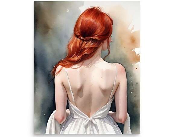 Red Haired Woman Back Portrait White Dress Watercolor Art Poster