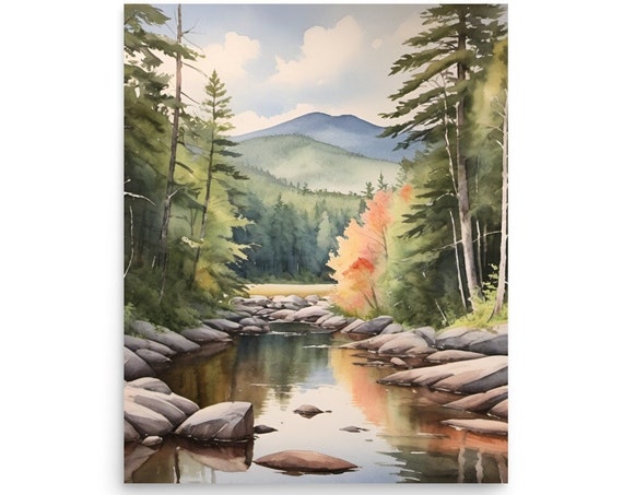Adirondack Mountains Painting Mountain Forest River Watercolor Art Print Pine Forest Wall Art Neutral Mountain Landscape Earth Tones Artwork