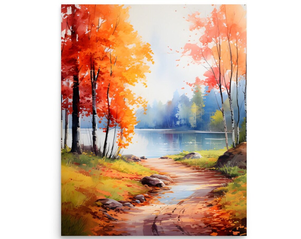 Autumn Lake Forest Watercolor Landscape Art Print