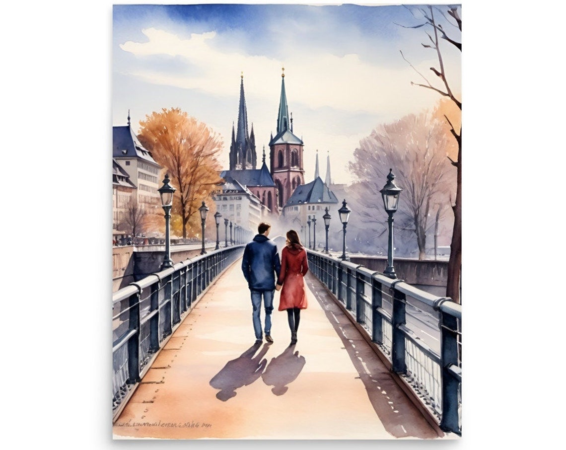 Frankfurt Couple Bridge Cathedral Skyline Watercolor City Poster