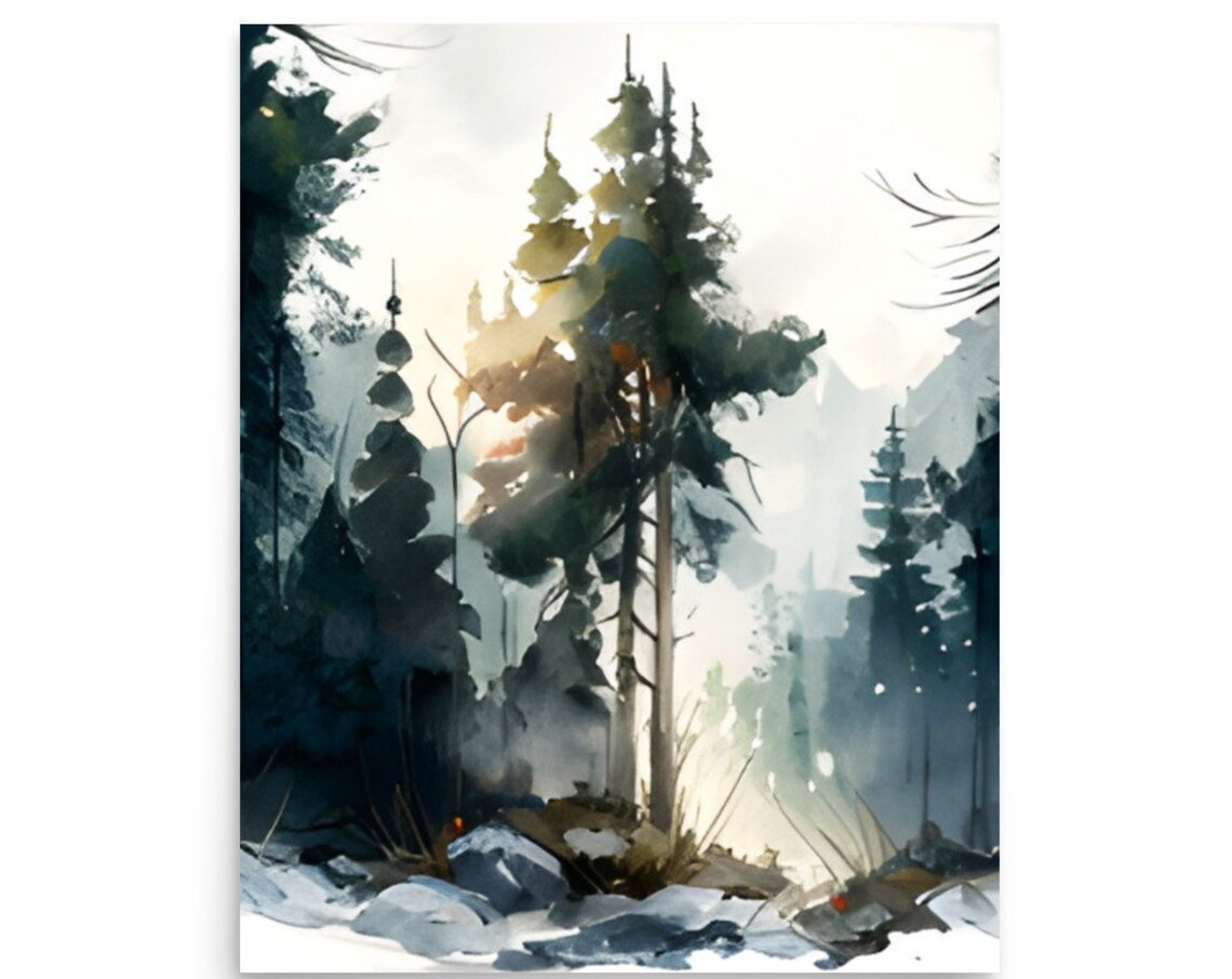 Tall Pines in Fog Sunlight Breaking Through Forest Watercolor Poster