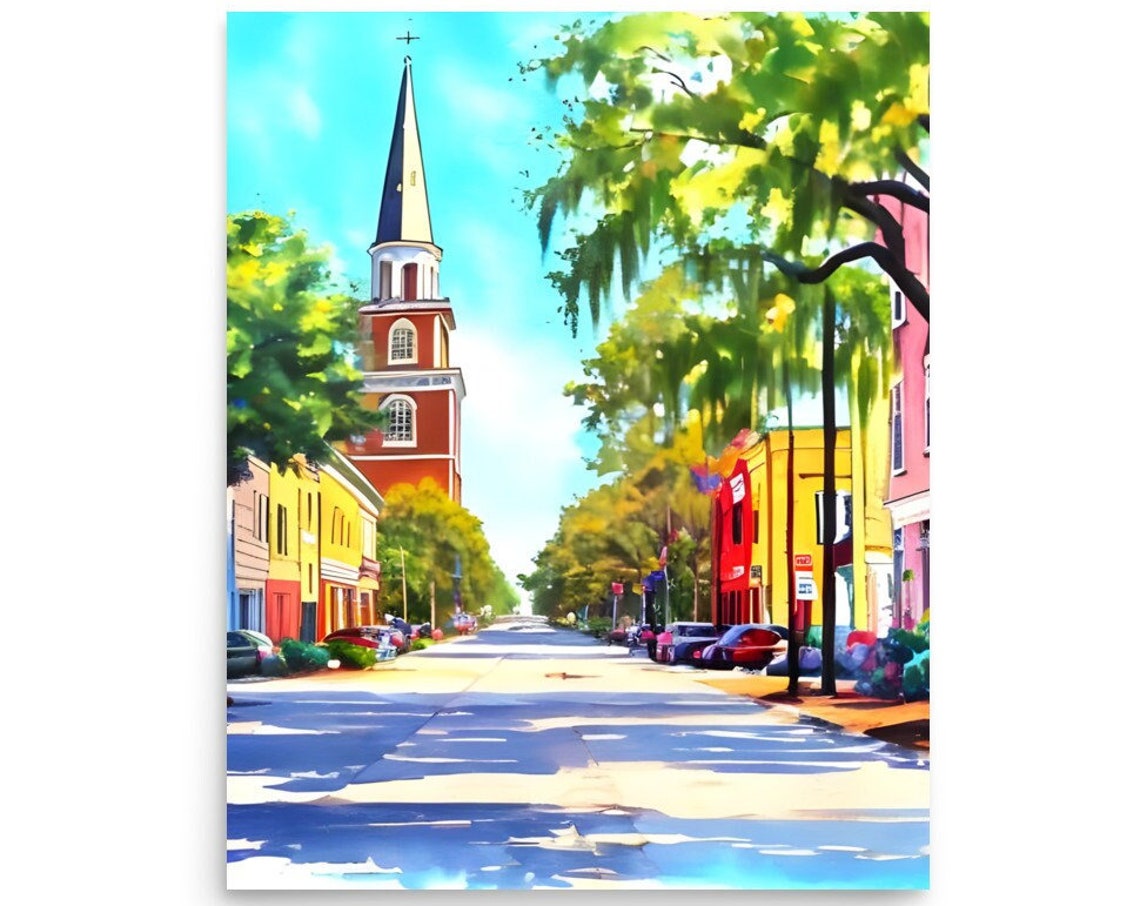 Church Street Painting Charleston South Carolina Watercolor Very Colorful Art Canque Terre Art Print Charleston Cityscape Wall Art Print