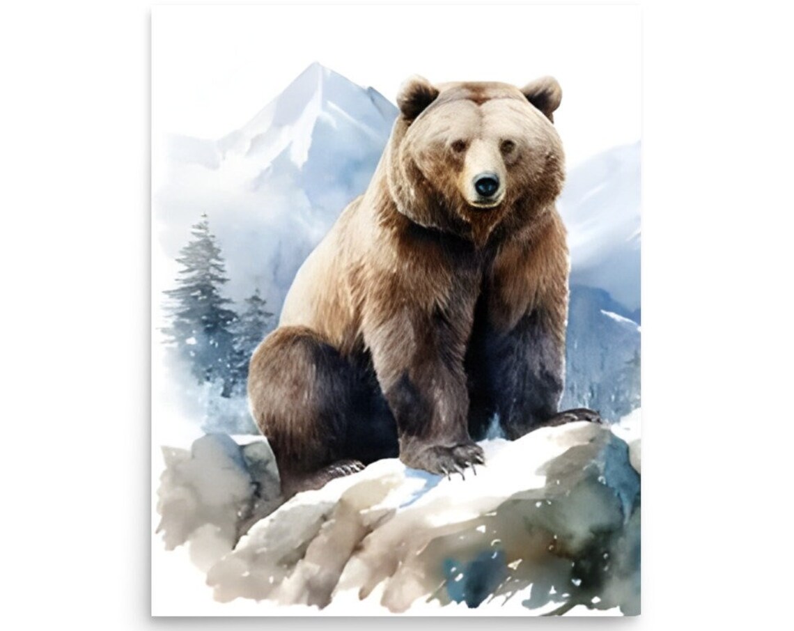 Grizzly Bear Sitting On Rocky Outcrop Watercolor Wildlife Art Poster