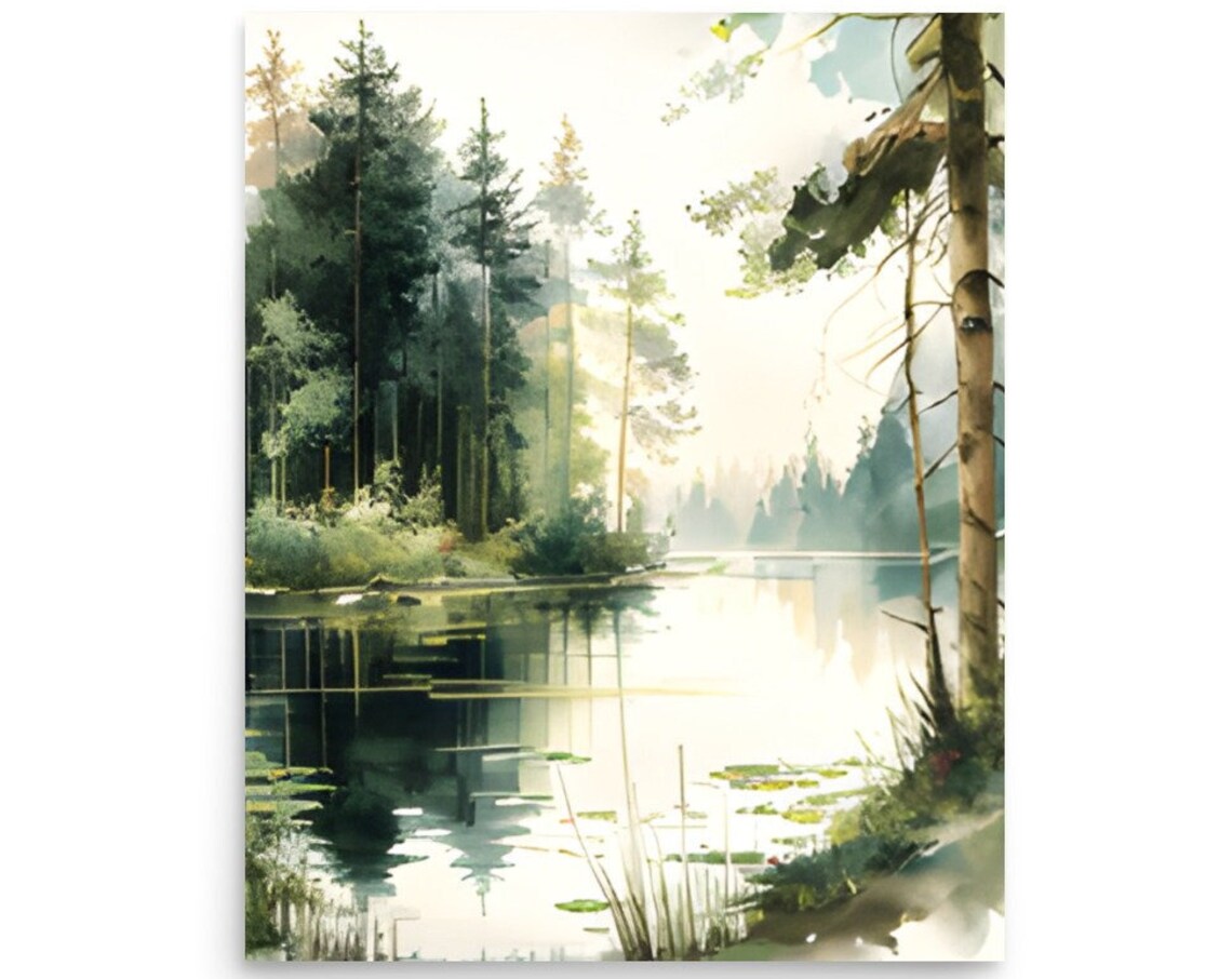 Pine Trees Watercolor Art Print, Forest Lake Landscape