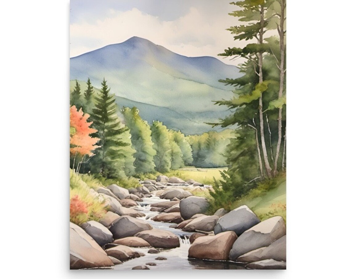 Mount Mansfield Vermont Mountain River Pine Watercolor Poster