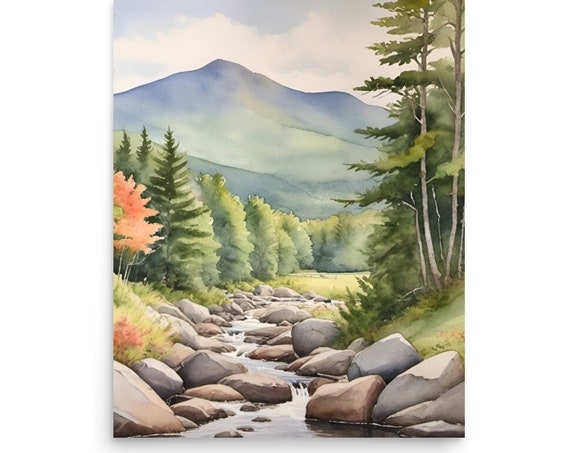 Mount Mansfield Painting Vermont Landscape Art Print Mountain River Watercolor Art Pine Trees Wall Art Foggy Evergreen Forest Nature Poster