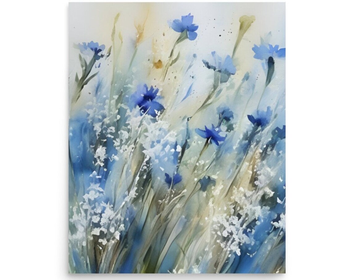 Blue Cornflowers Loose Abstract Breezy Watercolor Floral Art Poster