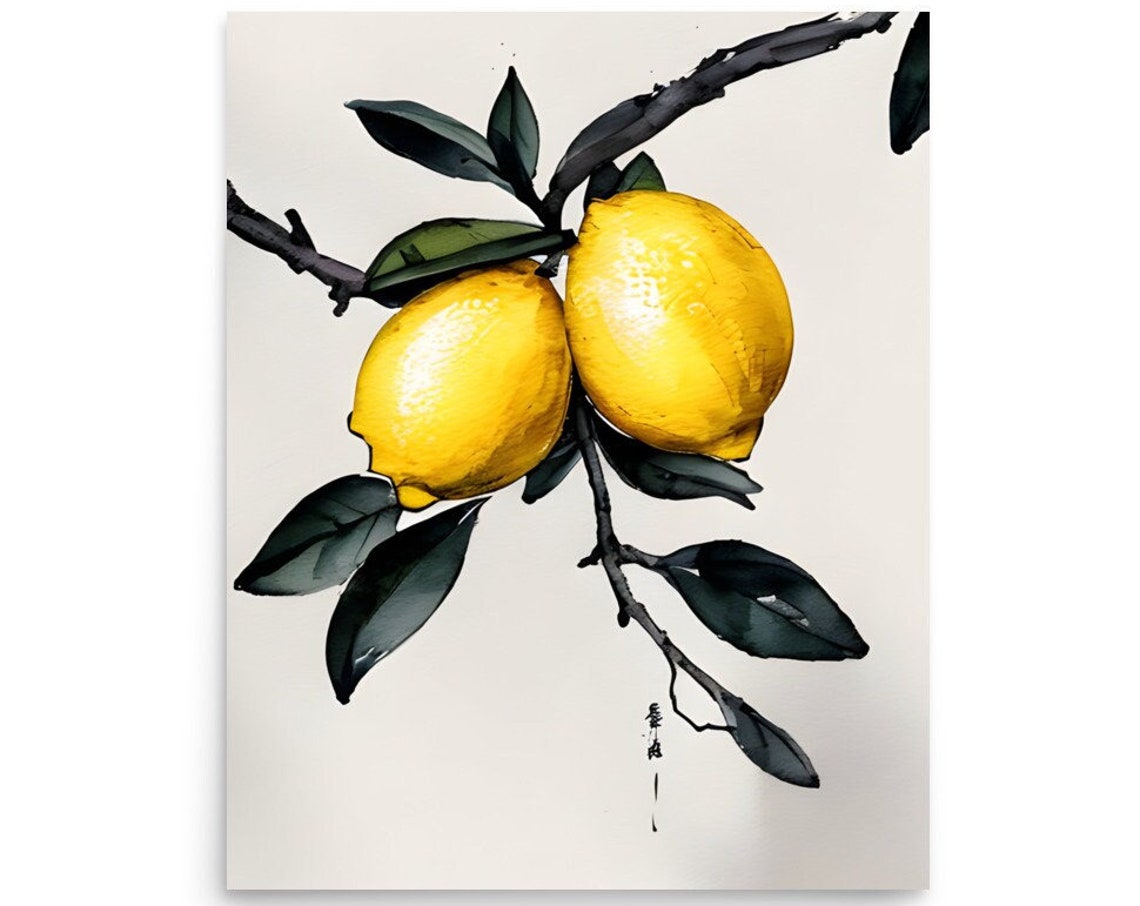 Two Bright Lemons On Ink Branch Watercolor Botanical Art Print