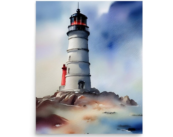 Lighthouse Watercolor Painting Seascape And Lighthouse Art Print Sea Coastal Wall Art Ocean Landscape Art Lighthouse Large Art Poster