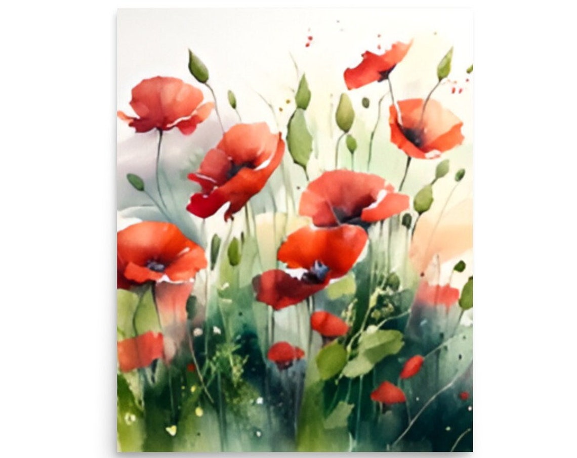 Poppy Field Painting Tuscany Watercolor Art Print Poppies Meadow Wall Art Wildflowers Art Italy Country Landscape Art Red Poppies Field Art