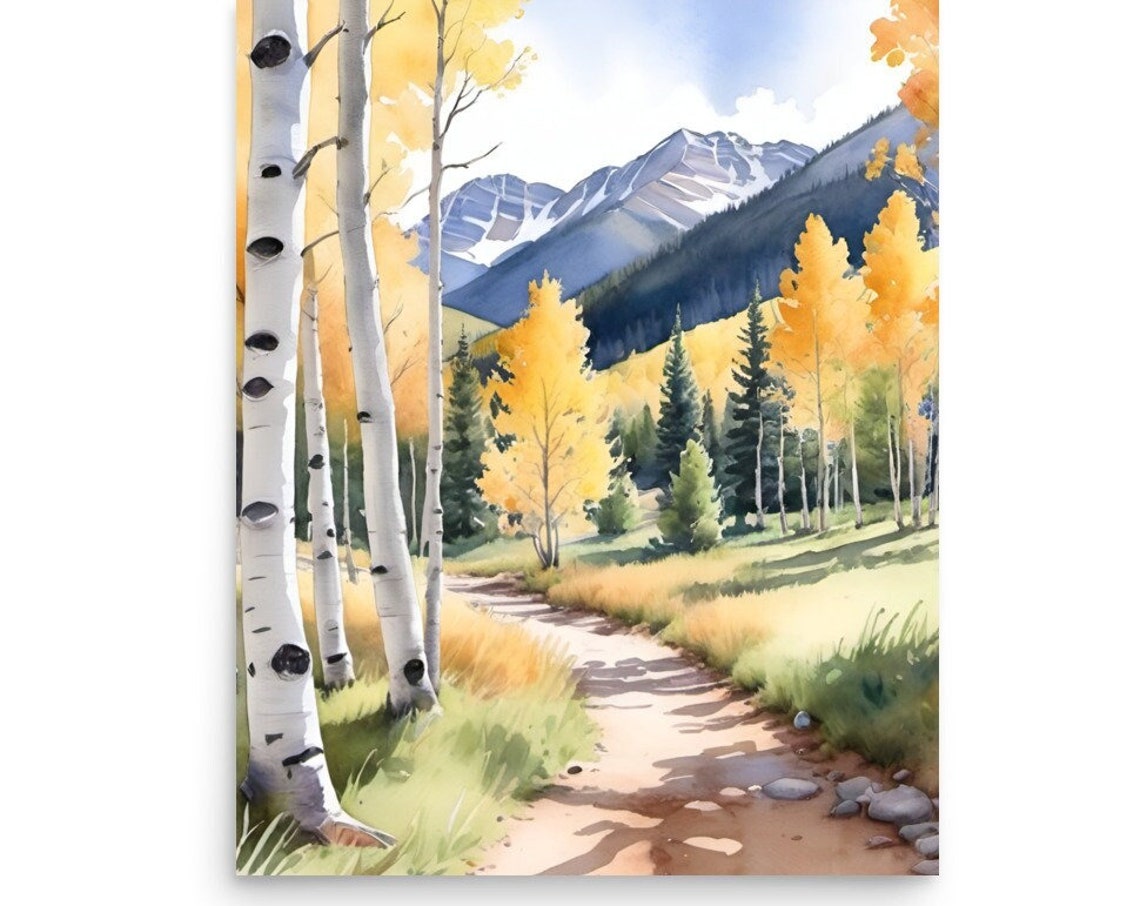 Colorado Autumn Aspen Trail Golden Fall Foliage Watercolor Poster