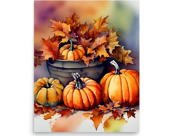 Autumn Pumpkins In Metal Bucket With Maple Leaves Watercolor Poster