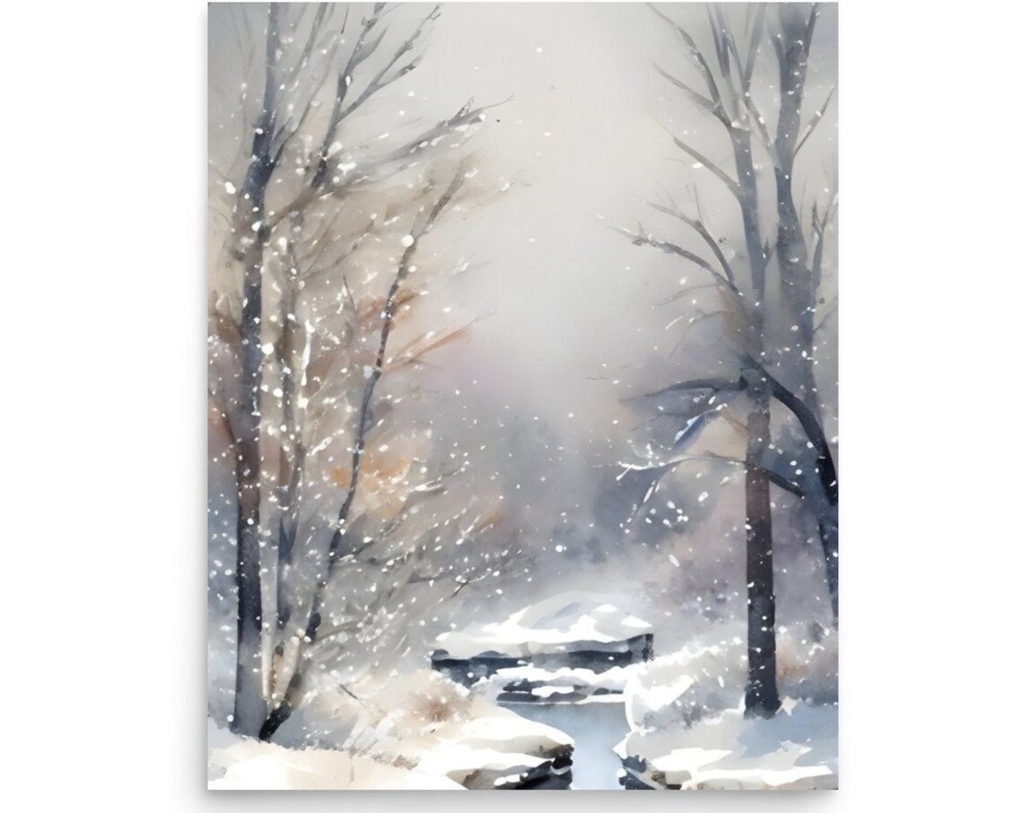 Winter Foggy Forest and River Watercolor Art Print