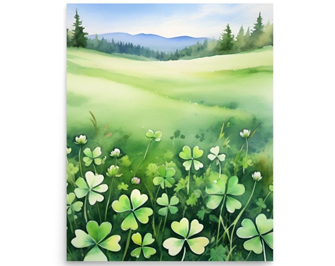 Clover Meadow White Blossoms Rolling Green Hills Watercolor Poster