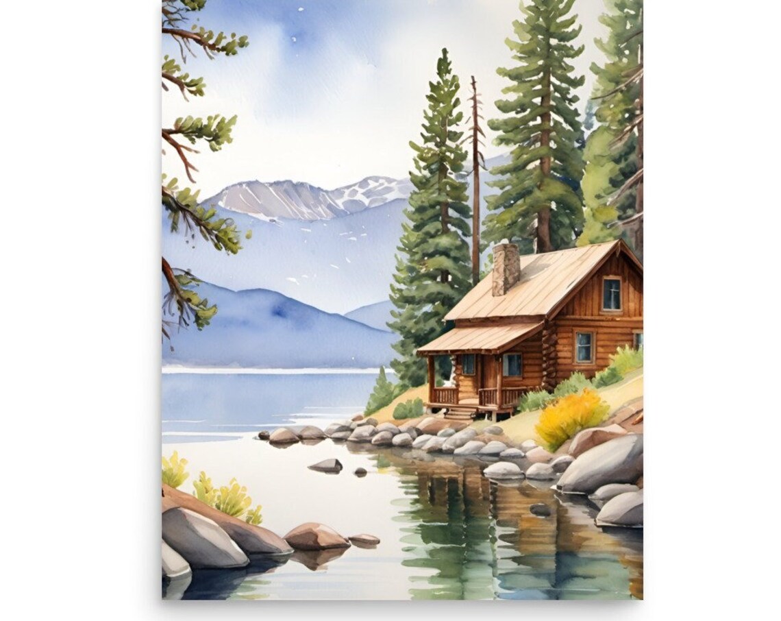 Redfish Lake Idaho Log Cabin Mountain Shore Watercolor Poster