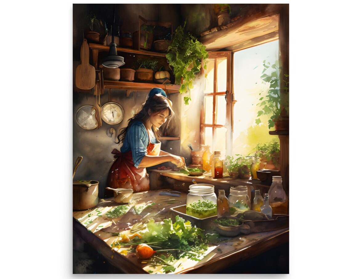Woman Cooks in a Country Kitchen, French Country Print