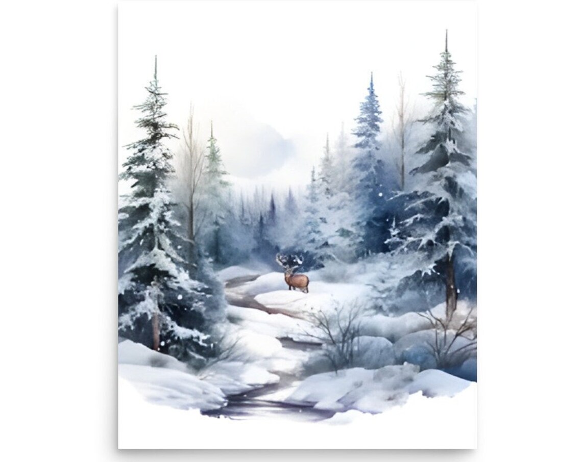Deer Standing In Snowy Pine Forest By Icy Stream Watercolor Art Poster