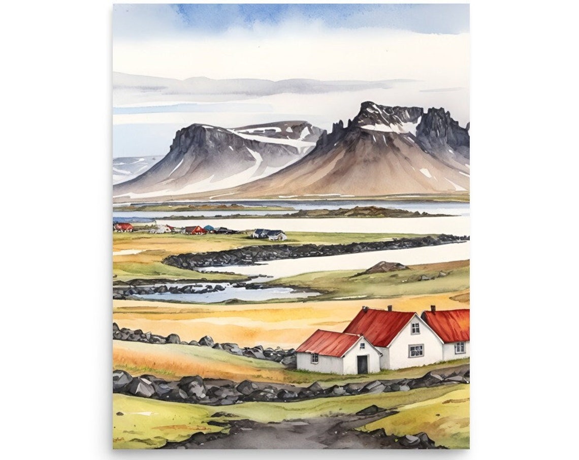 Iceland Painting Iceland House Watercolor Art Print Mountain Landscape Wall Art Panoramic Scandinavian Country Landscape Art Iceland Gifts