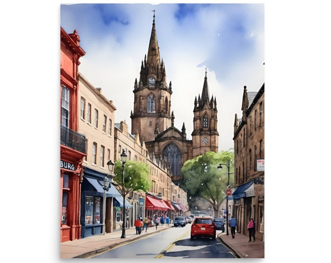 Edinburgh Painting Scotland Cityscape Watercolor Art Print Scottish Town Wall Art Edinburgh Street And St Marys Cathedral Watercolor Print