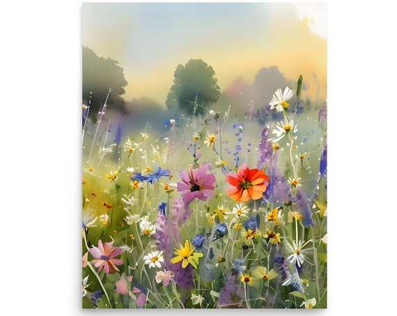 Field Of Flowers Watercolor Wildflowers Landscape Art Print