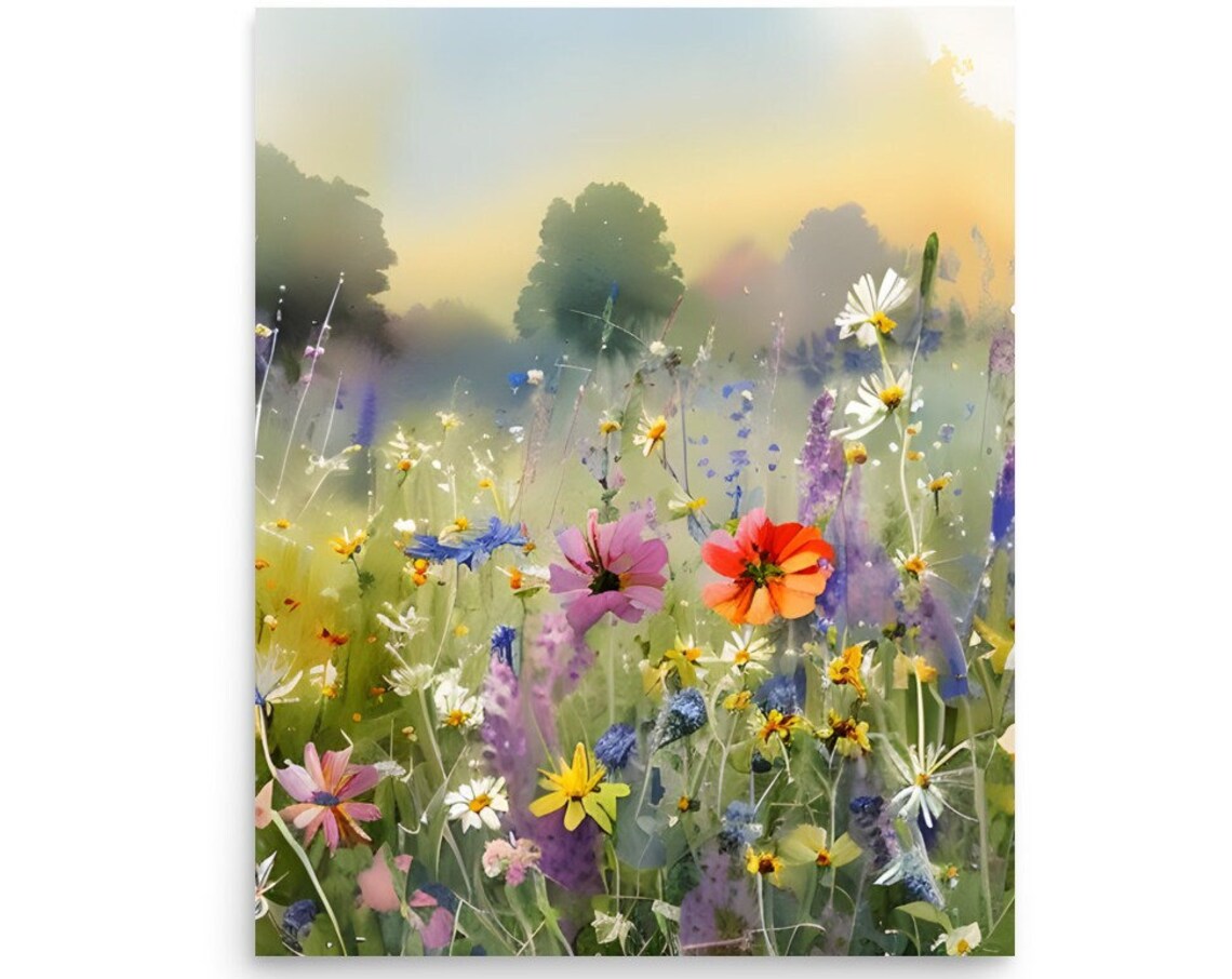 Field Of Flowers Watercolor Wildflowers Landscape Art Print