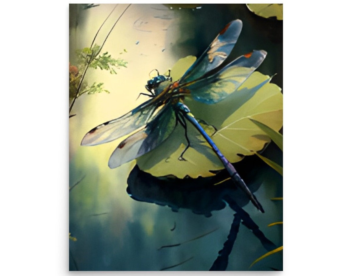 Blue Dragonfly Resting on a Water Lily Leaf Watercolor Poster