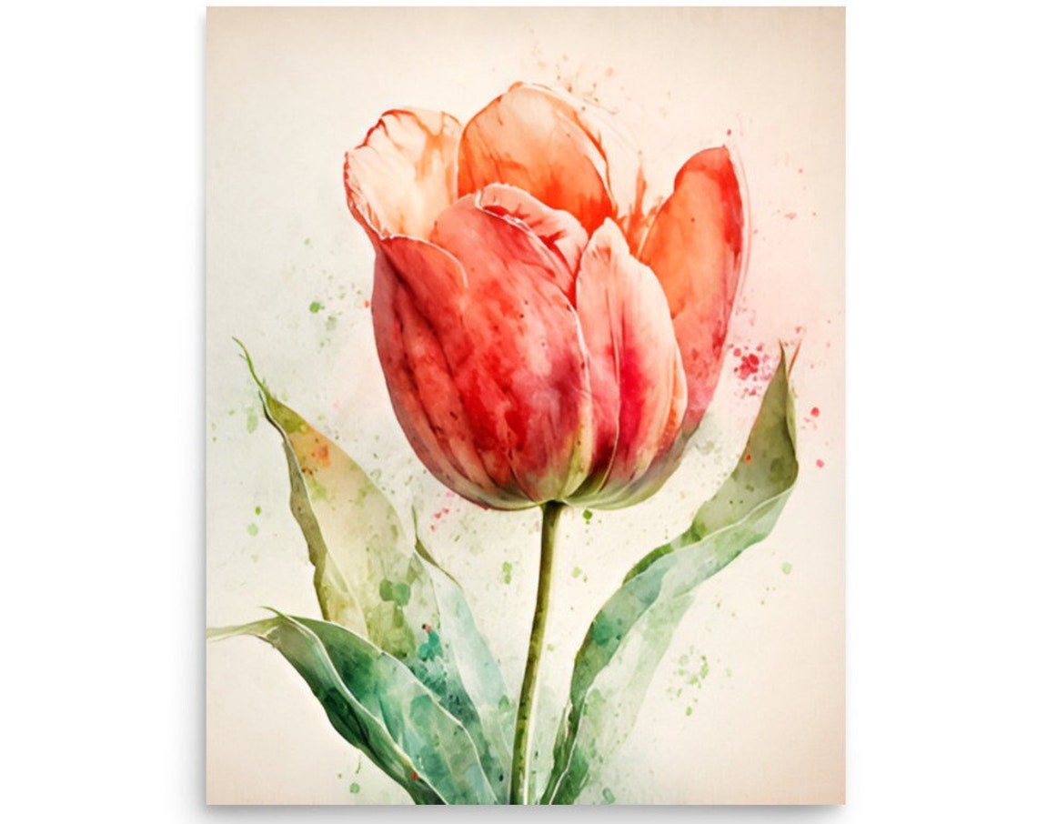 Single Red Tulip Slender Stem Minimalist Watercolor Botanical Poster