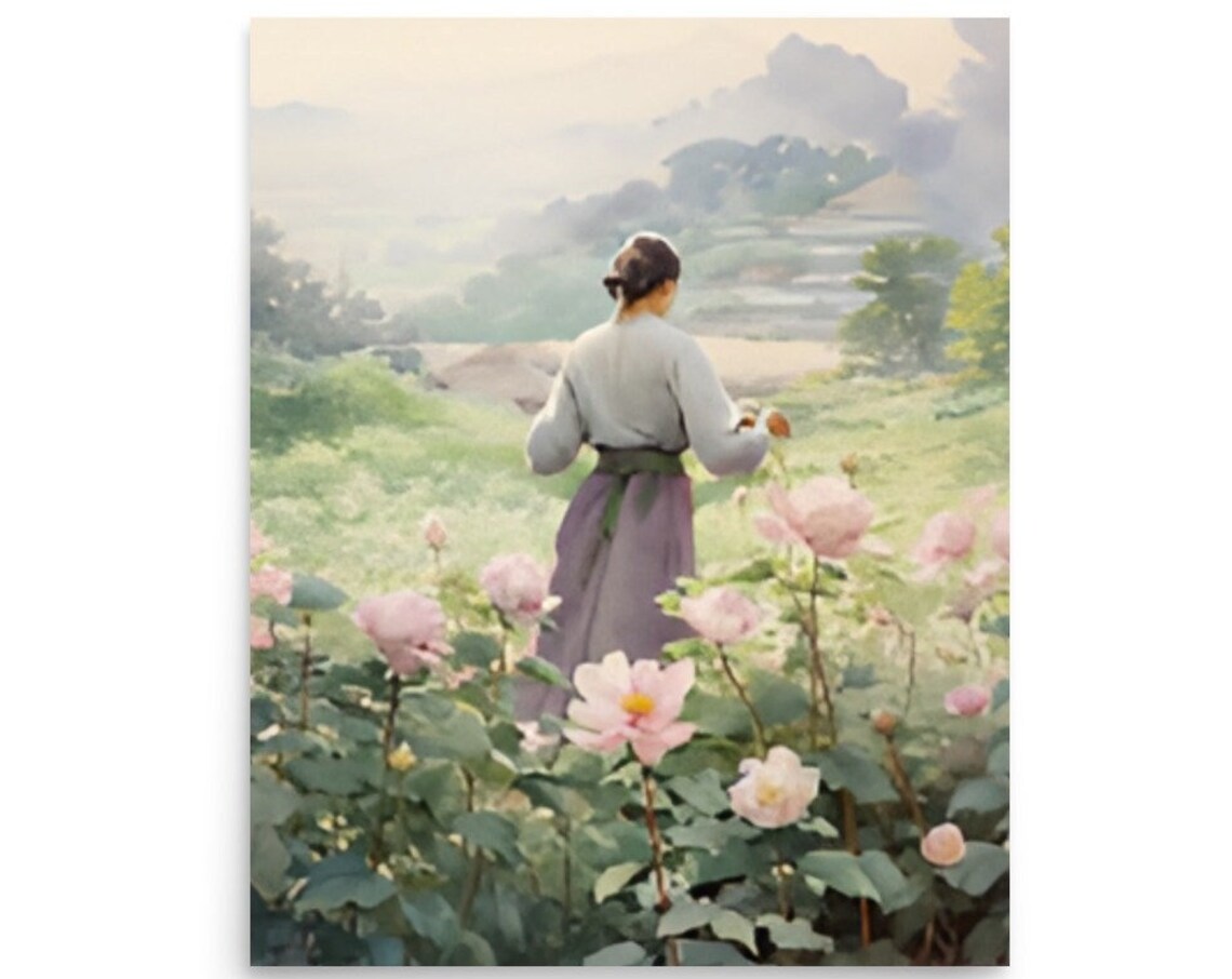 Woman in Rose Garden Among Blooming Pink Roses Watercolor Poster