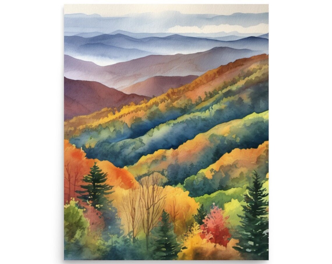 Smoky Mountains Autumn Landscape, Watercolor Art Print