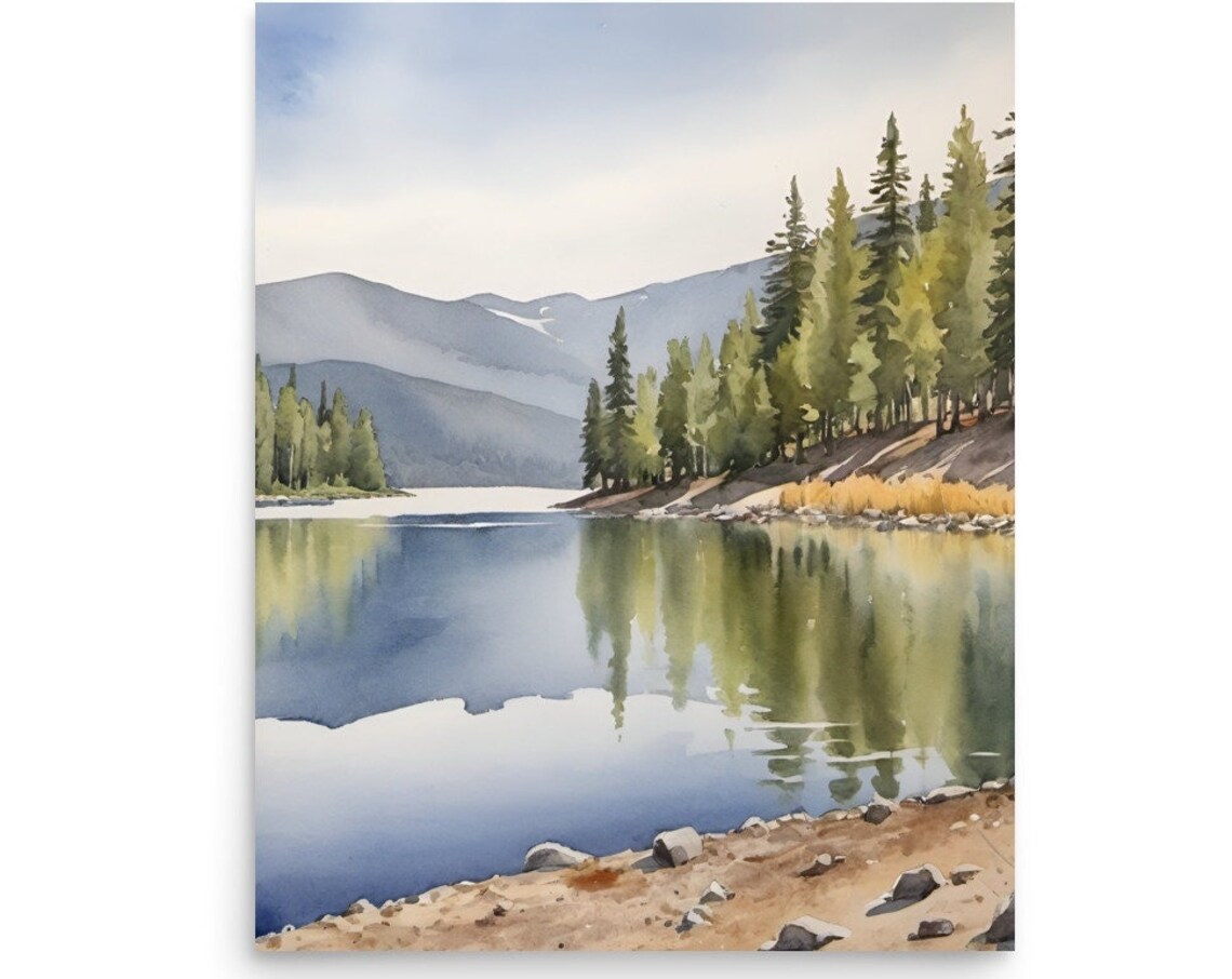 Mountain Lake Pine Forest Reflection Watercolor Idaho Landscape Poster