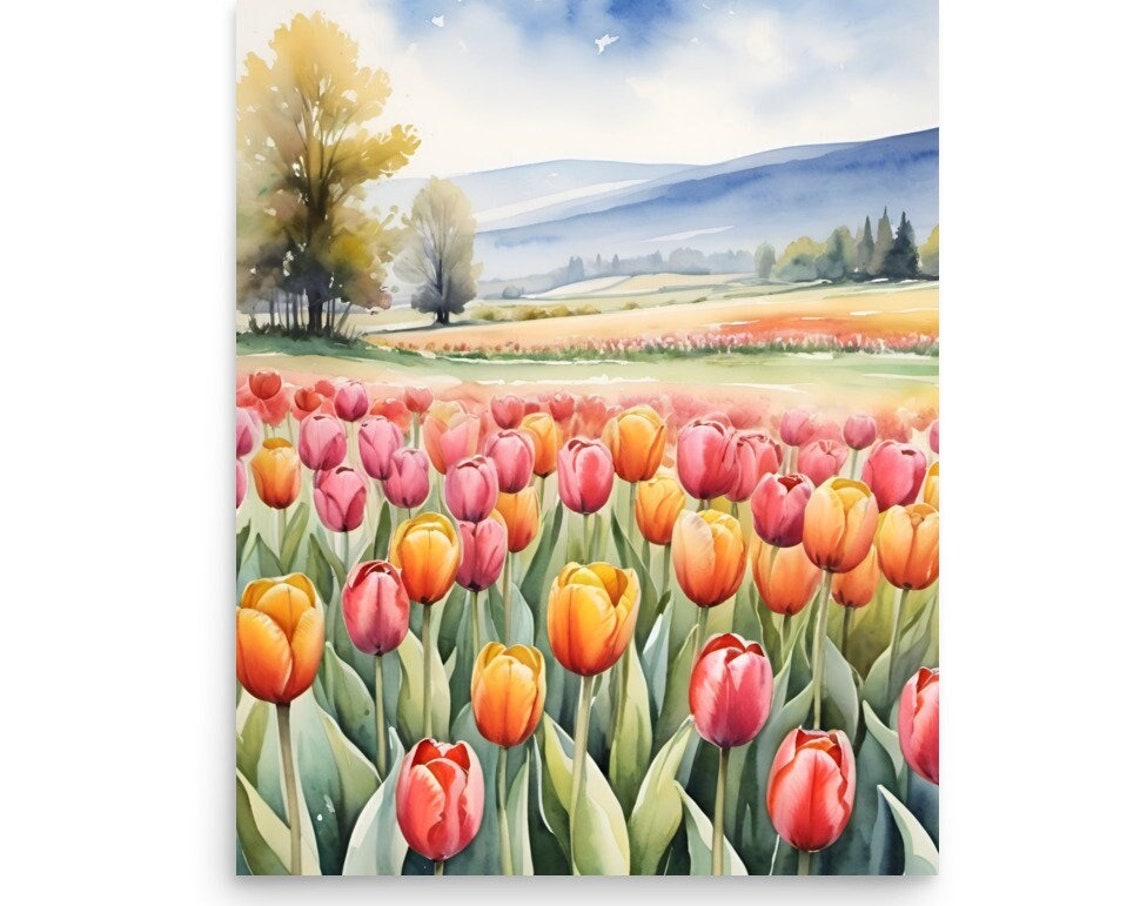 Tulips Field Painting Tulips Farm Watercolor Art Print Spring Landscape Wall Art Field Of Flowers Art Spring Flowers Print Botanical Poster