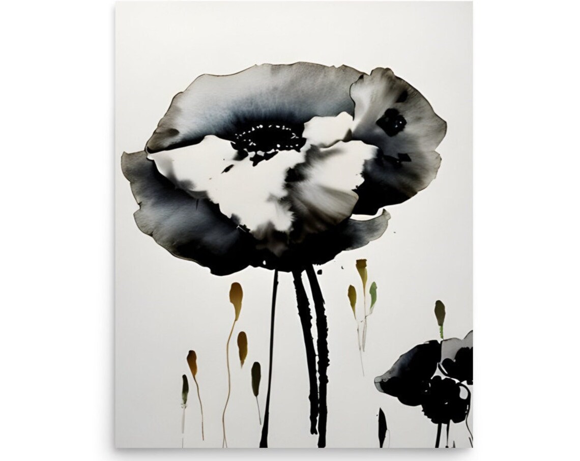 Black and White Poppies Ink Wash Modern Floral Watercolor Poster