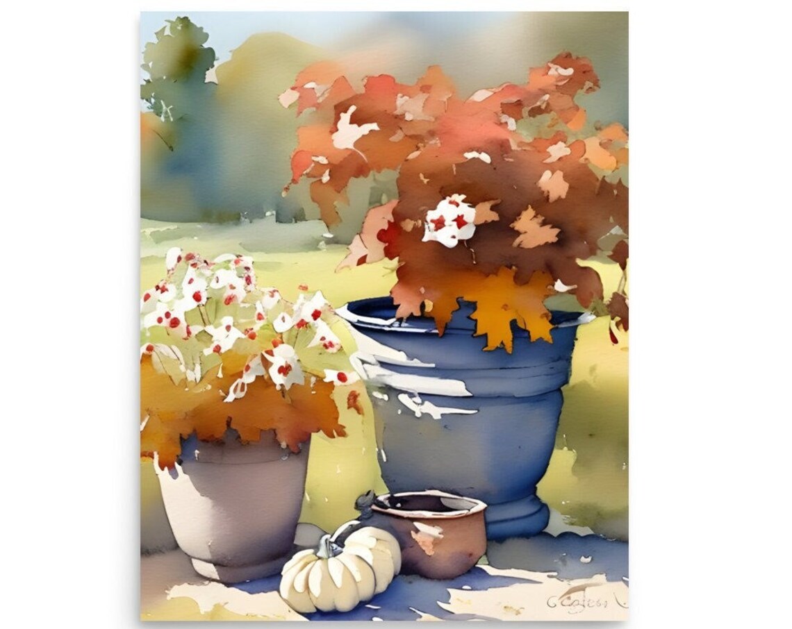 Potted Autumn Flowers and Mini Pumpkin Watercolor Still Life Poster