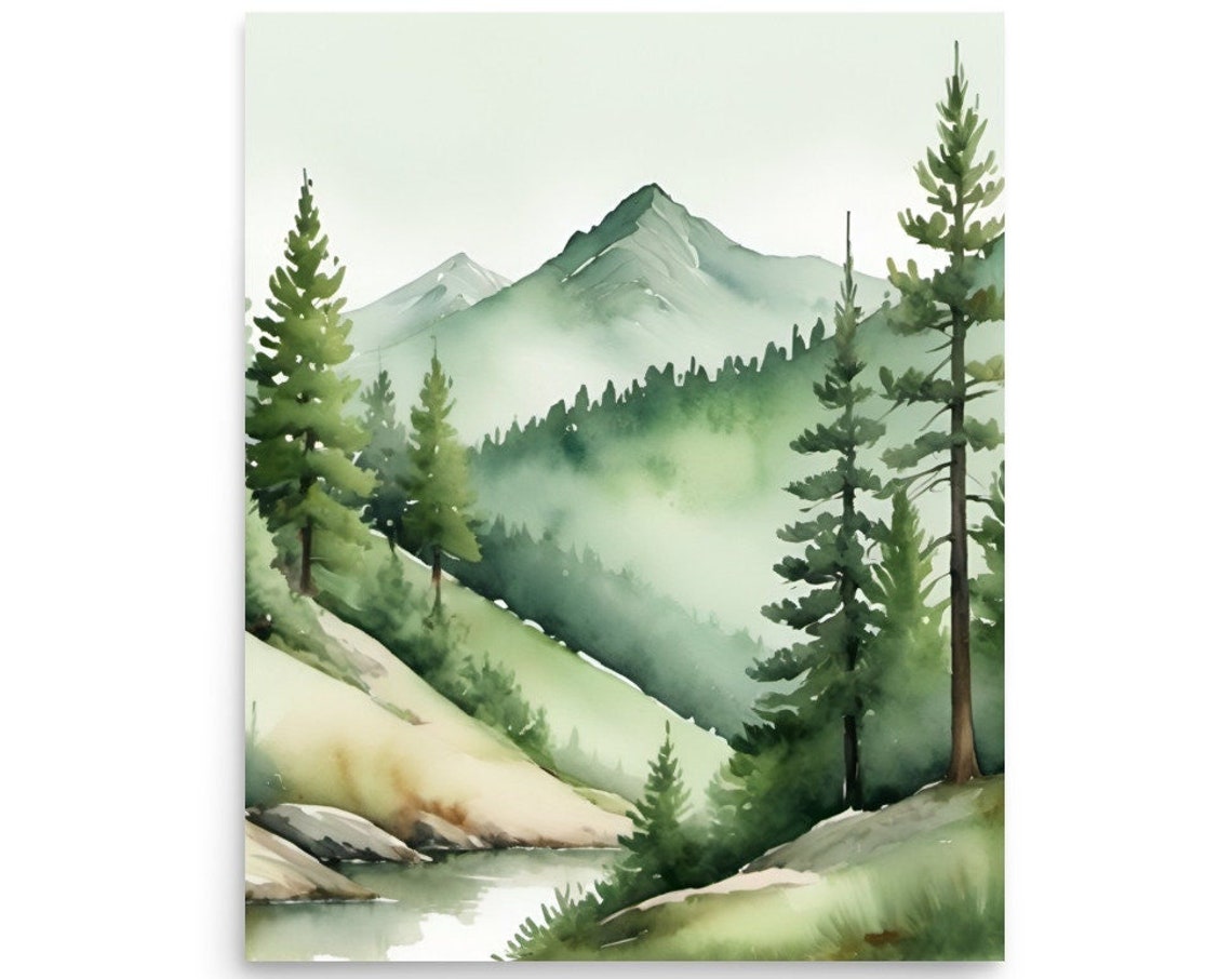 Sage Green Evergreen Mountain Stream Misty Watercolor Poster