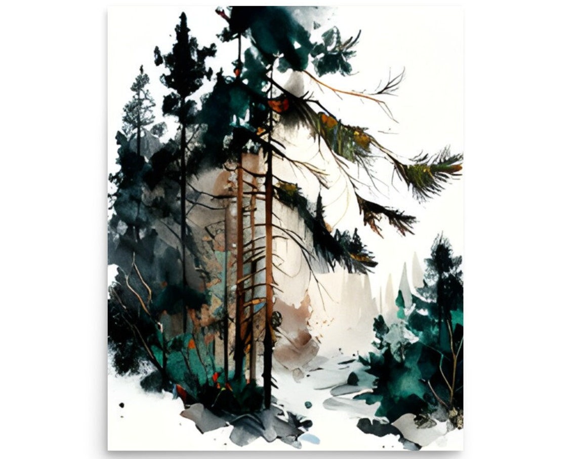 Tall Dark Pine Trees Abstract Ink Watercolor Nature Art Print