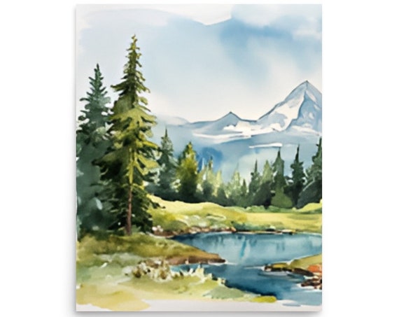 Idaho Painting Mountain River Watercolor Landscape Pine Forest Art Print Panoramic Neutral Light Blue Green Idaho Mountain Landscape Artwork