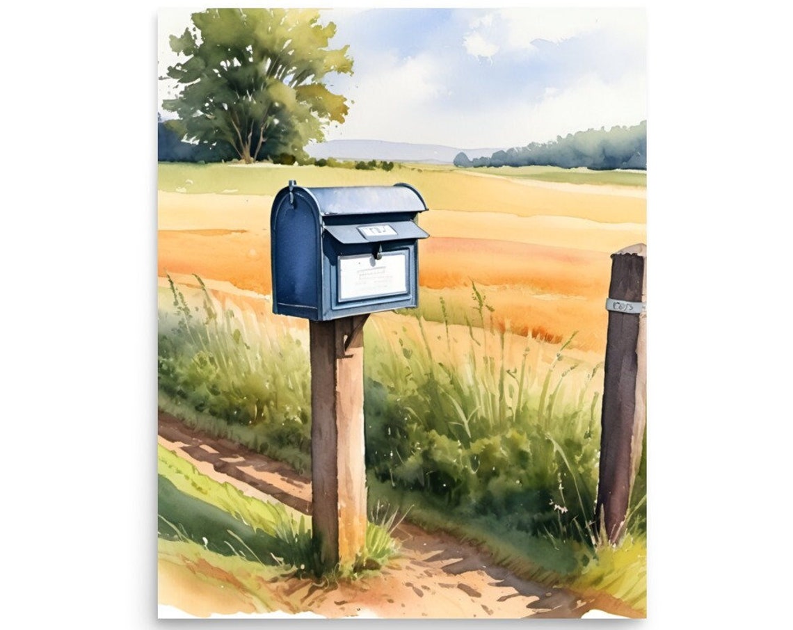 Blue Mailbox Country Road Wheat Field Rustic Watercolor Poster